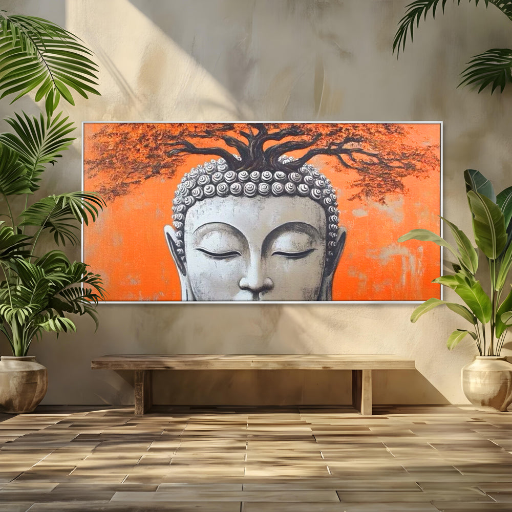 Tablou canvas cu tablou canvas cu capul lui buddha si copac, in rama de aluminiu argintiu